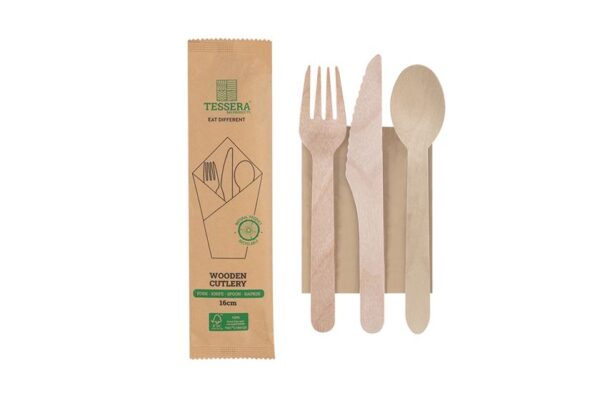 Holz-Besteckset Tessera 16CM (Gabel-Löffel-Messer-Serviette) - FSC 100
